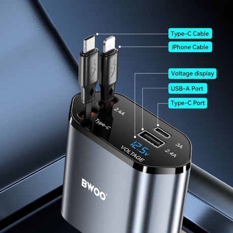 BWOO 120W 4 in 1 Car Charger with 2 Retractable Cables - Image 5